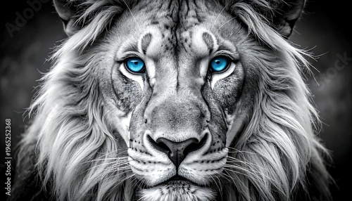 A majestic lion's face with blue eyes