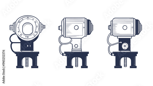 Vintage engineering illustration featuring three variations of a mechanical apparatus on a white background