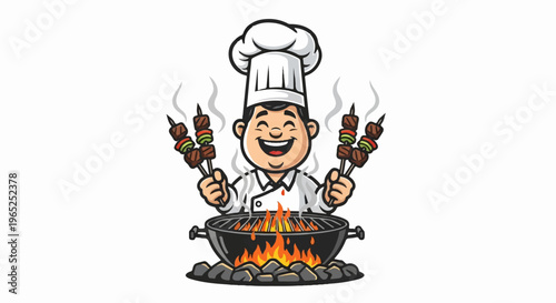Cheerful chef grilling meat and vegetable skewers over a fiery barbecue