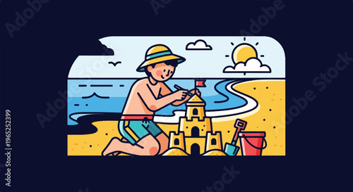 Cheerful child builds sandcastle at the sunny beach