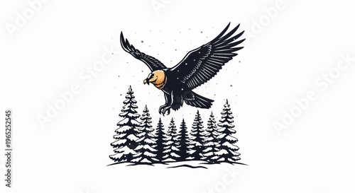 Bird of prey soars over snow-laden trees in winter