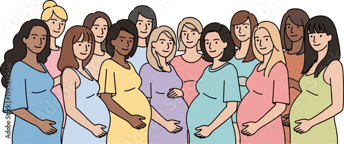 Diverse group of expectant mothers in colorful dresses, hands on bellies