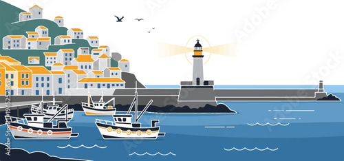 Seaside village with boats and a guiding lighthouse