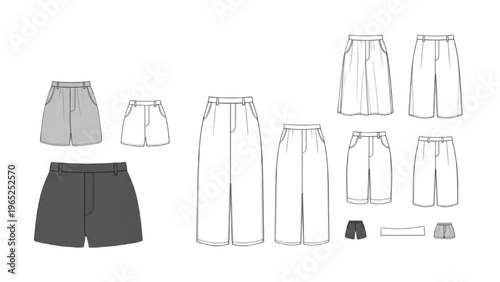 Vector CAD Design Style Illustrations of Various Pants and Shorts