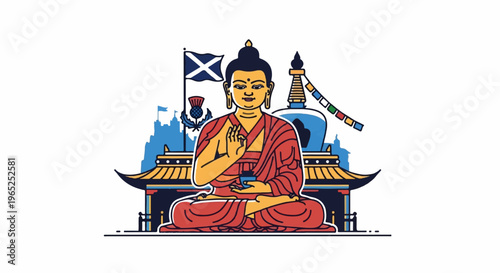 Serene figure in red robes meditates before traditional architecture