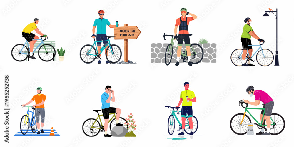 Fototapeta premium Set of flat vector illustrations depicting various male cyclists in professional gear, featuring different poses, equipment, and outdoor settings for active lifestyle themes.