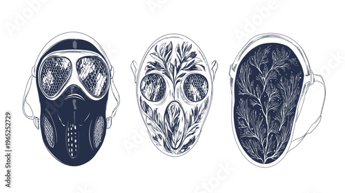 A stylized illustration depicting three different masks with a dark blue and grey color scheme