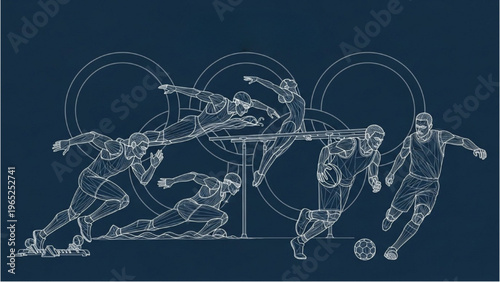 Soccer players kicking ball in vector CAD design style on field