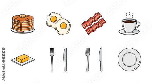 Classic breakfast spread with pancakes, eggs, bacon, and coffee