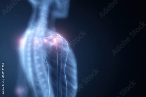 3D glowing human skeleton showing joint pain points, medical technology visualization