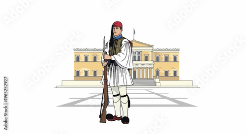 Soldier in traditional uniform stands guard before grand neoclassical building