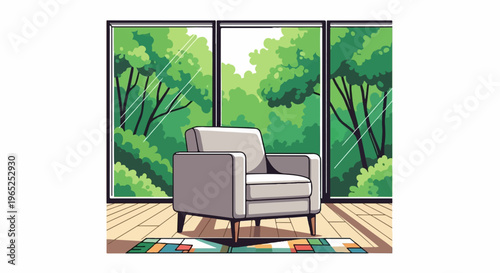 Cozy armchair in front of a large window overlooking a lush green forest