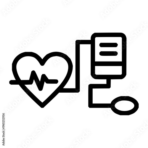 Iconic representation of a heart with a cardiograph monitor and blood pressure cuff, symbolizing health and medical diagnostics