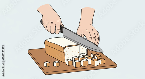 Hands slice loaf of bread into small cubes on a wooden board