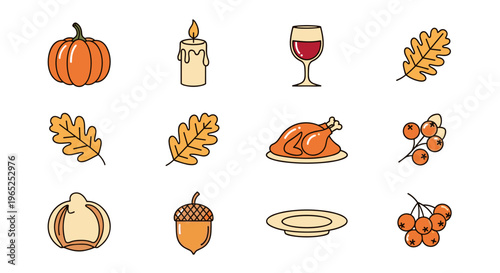 Thanksgiving icons featuring a turkey, pumpkin, leaves, and wine
