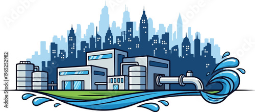 Industrial water processing plant with a cityscape backdrop and flowing water