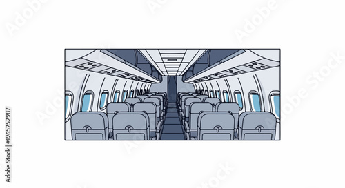 Interior view of an empty airplane cabin with rows of seats and windows