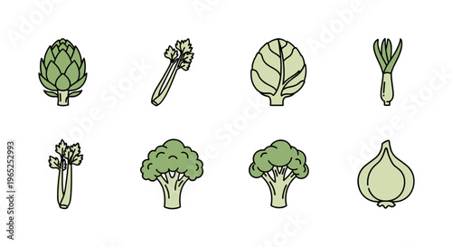 Collection of fresh green vegetables and produce in a simple illustration style
