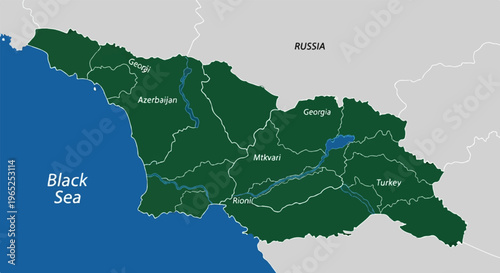 Map of Georgia showing borders, rivers and neighboring countries
