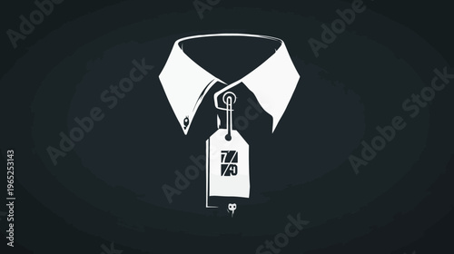 A white illustration of a dress shirt collar, with a price tag suspended by a wire