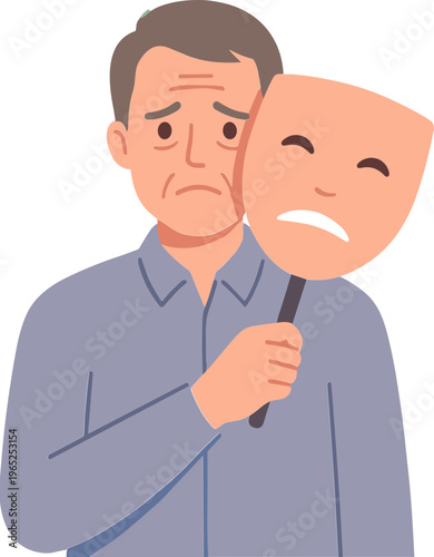 Man holds sad face mask covering his emotional expression in a thoughtful moment