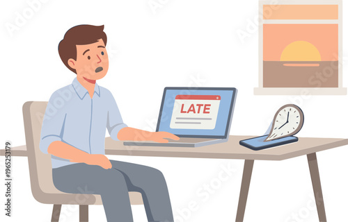 Man sitting at desk looking stressed with laptop and clock nearby indoors