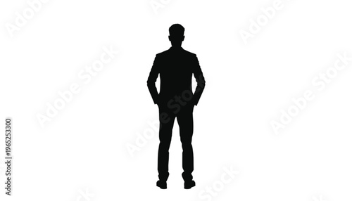 Full body shadow of a confident male person in business attire standing upright with hands positioned in.