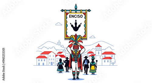 Festive parade with costumed figure holding banner depicting dinosaur footprint