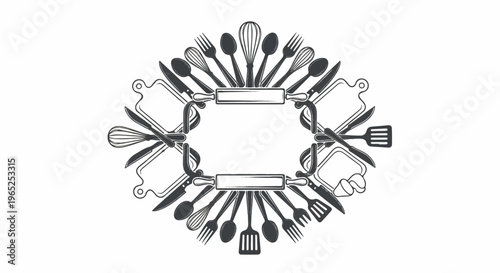 Ornate frame of kitchen utensils around a central blank space