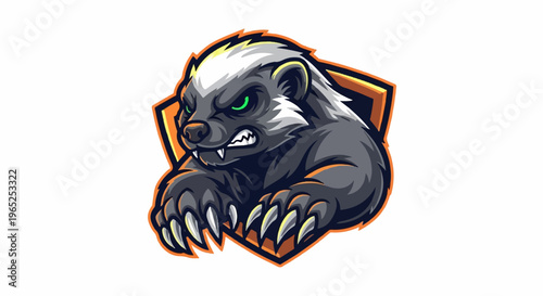 Fierce badger with glowing green eyes and sharp claws on a shield