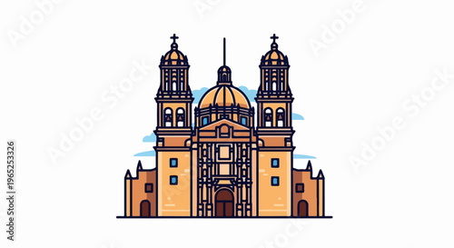 Ornate tan cathedral with twin towers and golden dome
