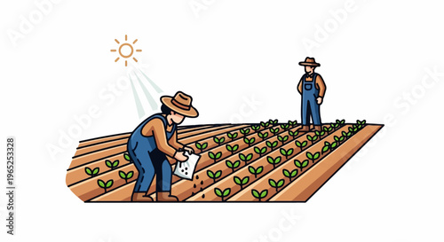 Farmers plant seeds and tend to young sprouts in a sunny field