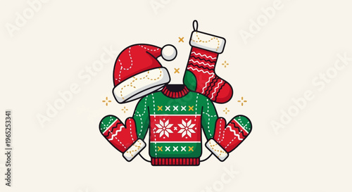 Festive holiday outfit with a knitted sweater, hat, mittens, and stocking