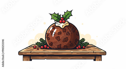 Festive Christmas pudding with holly and berries on wooden table