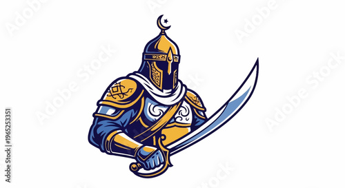 Fierce warrior in ornate armor holds curved sword, crescent moon emblem