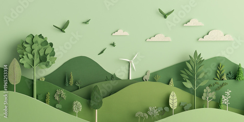 Layered paper-cut green landscape features a wind turbine, soaring birds, sculpted hills, textured trees symbolizing sustainable ecology.