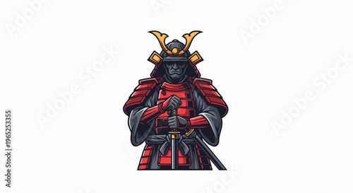 Fierce warrior in traditional armor, holding a sword, stoic stance