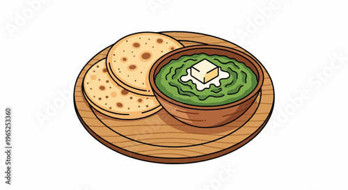 Flatbreads with green curry and butter on a wooden platter