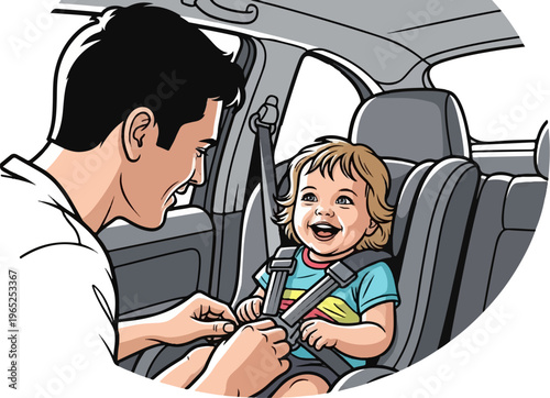 Father buckles up his happy toddler in a car seat for safety