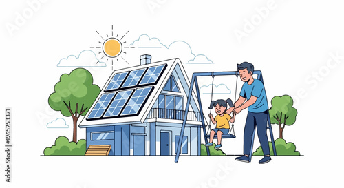Father and daughter enjoy swing at solar-powered home on sunny day