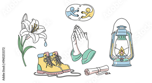 Collection of symbolic objects representing faith, journey, and hope in a minimalist style