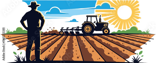 Farmer watches tractor plow a field under a bright, sunny sky