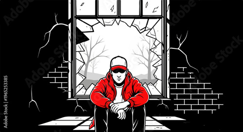 Person in red jacket sits against a backdrop of a broken window, barren trees, and ruins