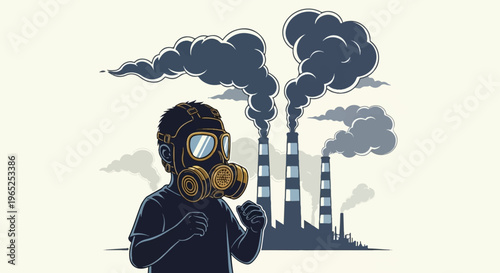 Person with gas mask facing smoking industrial chimneys under grey skies