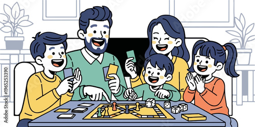 Family playing board game, smiles, cards, dice, joyful, indoors
