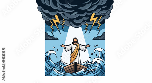 Figure calming turbulent waters under stormy sky