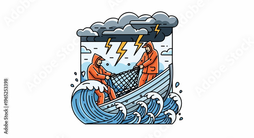 Fishermen in a boat struggle with a net during a storm at sea
