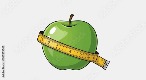 Green apple with measuring tape wrapped around it, indicating diet