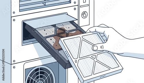 Hand replaces dirty air filter in a dusty electronic device