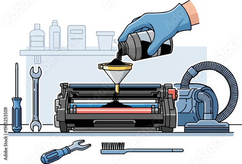 Refilling printer toner cartridge with black powder using tools